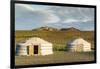 Two Mongolian nomadic gers and mountains in the background, Bayandalai district, South Gobi provinc-Francesco Vaninetti-Framed Photographic Print