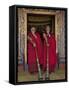 Two Monks Blow Long Horns Called Dung-Chen, at the Temple of Wangdue Phodrang Dzong (Fortress)-Nigel Pavitt-Framed Stretched Canvas