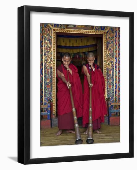 Two Monks Blow Long Horns Called Dung-Chen, at the Temple of Wangdue Phodrang Dzong (Fortress)-Nigel Pavitt-Framed Photographic Print