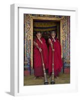 Two Monks Blow Long Horns Called Dung-Chen, at the Temple of Wangdue Phodrang Dzong (Fortress)-Nigel Pavitt-Framed Photographic Print