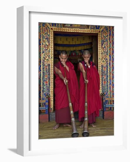 Two Monks Blow Long Horns Called Dung-Chen, at the Temple of Wangdue Phodrang Dzong (Fortress)-Nigel Pavitt-Framed Photographic Print