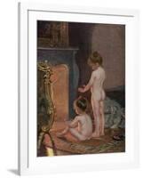 Two Naked Children Warm Themselves at the Fireside after their Bath-null-Framed Art Print