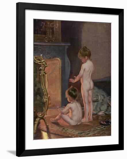 Two Naked Children Warm Themselves at the Fireside after their Bath-null-Framed Art Print