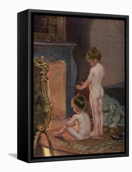 Two Naked Children Warm Themselves at the Fireside after their Bath-null-Framed Stretched Canvas