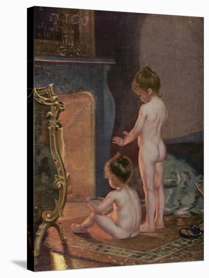 Two Naked Children Warm Themselves at the Fireside after their Bath-null-Stretched Canvas