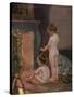 Two Naked Children Warm Themselves at the Fireside after their Bath-null-Stretched Canvas