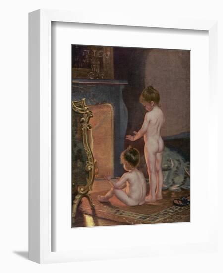 Two Naked Children Warm Themselves at the Fireside after their Bath-null-Framed Art Print