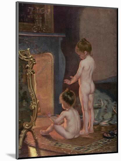 Two Naked Children Warm Themselves at the Fireside after their Bath-null-Mounted Art Print