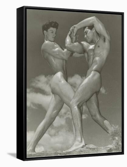 Two Naked Muscle Men Wrestling-null-Framed Stretched Canvas