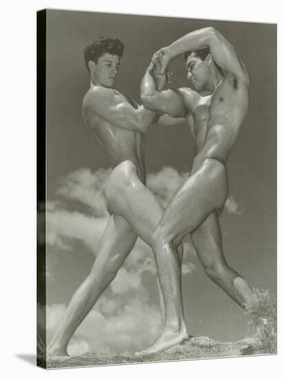 Two Naked Muscle Men Wrestling-null-Stretched Canvas