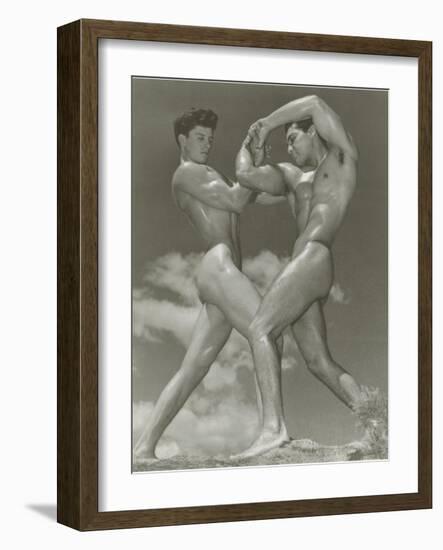 Two Naked Muscle Men Wrestling-null-Framed Art Print