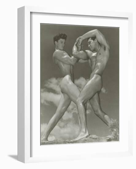 Two Naked Muscle Men Wrestling-null-Framed Art Print