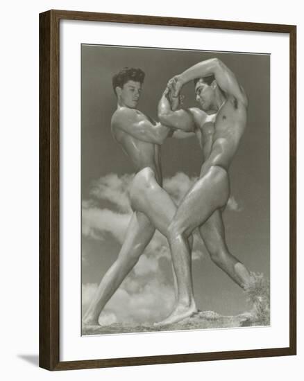 Two Naked Muscle Men Wrestling-null-Framed Art Print