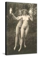 Two Naked Women Dancing Outdoors-null-Stretched Canvas