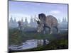 Two Nedoceratops Dinosaurs Walking to Water Puddle in the Morning Light-null-Mounted Art Print