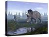 Two Nedoceratops Dinosaurs Walking to Water Puddle in the Morning Light-null-Stretched Canvas