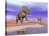 Two Nedoceratops Next to Water in a Colorful Rocky Landscape-null-Stretched Canvas