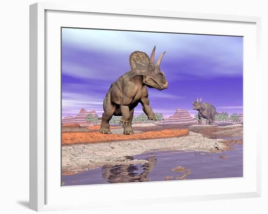 Two Nedoceratops Next to Water in a Colorful Rocky Landscape-null-Framed Art Print
