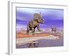 Two Nedoceratops Next to Water in a Colorful Rocky Landscape-null-Framed Art Print