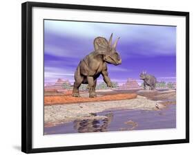 Two Nedoceratops Next to Water in a Colorful Rocky Landscape-null-Framed Art Print