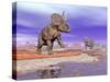 Two Nedoceratops Next to Water in a Colorful Rocky Landscape-null-Stretched Canvas