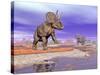 Two Nedoceratops Next to Water in a Colorful Rocky Landscape-null-Stretched Canvas