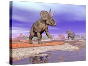 Two Nedoceratops Next to Water in a Colorful Rocky Landscape-null-Stretched Canvas