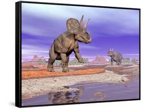 Two Nedoceratops Next to Water in a Colorful Rocky Landscape-null-Framed Stretched Canvas