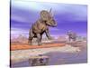 Two Nedoceratops Next to Water in a Colorful Rocky Landscape-null-Stretched Canvas