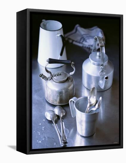 Two Old Kettles, Milk Jug, Measuring Jug and Spoons-Michael Paul-Framed Stretched Canvas