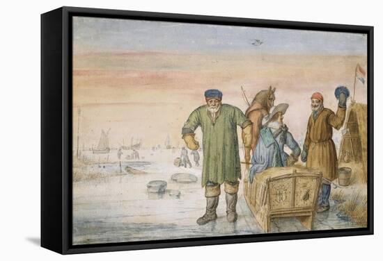 Two Old Men Beside a Sled Bearing the Coats of Arms of Amsterdam and Utrecht, 1620-33-Hendrik Avercamp-Framed Stretched Canvas