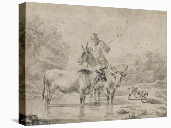 Two Oxen and a Shepherd on a Donkey Through the Ford-null-Stretched Canvas