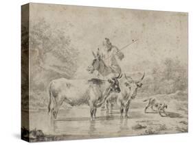 Two Oxen and a Shepherd on a Donkey Through the Ford-null-Stretched Canvas