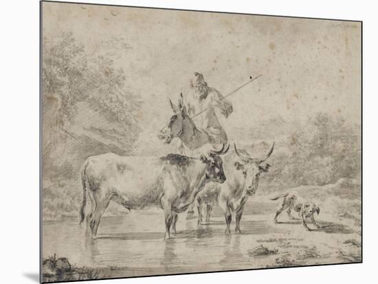 Two Oxen and a Shepherd on a Donkey Through the Ford-null-Mounted Giclee Print