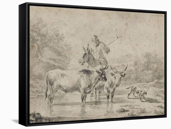 Two Oxen and a Shepherd on a Donkey Through the Ford-null-Framed Stretched Canvas