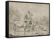 Two Oxen and a Shepherd on a Donkey Through the Ford-null-Framed Stretched Canvas