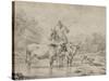 Two Oxen and a Shepherd on a Donkey Through the Ford-null-Stretched Canvas