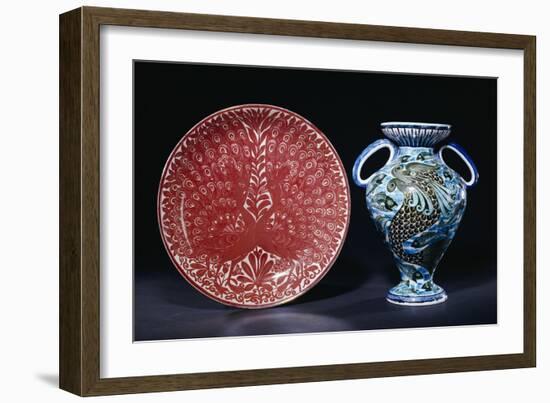 Two Peacocks in Full Show, 1885-1892, and a "Persian" Two Handled Vase, 1888-1898-William De Morgan-Framed Giclee Print