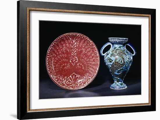 Two Peacocks in Full Show, 1885-1892, and a "Persian" Two Handled Vase, 1888-1898-William De Morgan-Framed Giclee Print