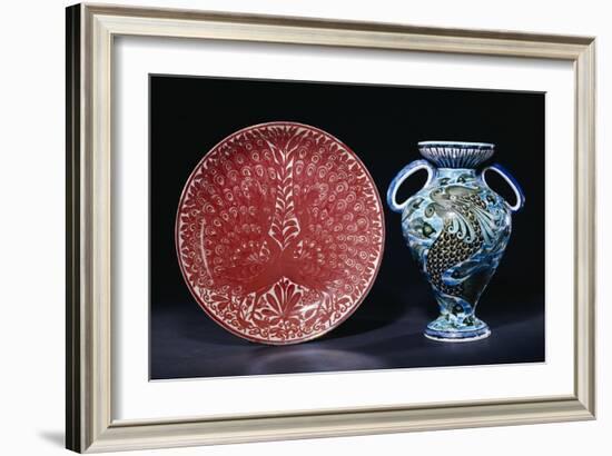 Two Peacocks in Full Show, 1885-1892, and a "Persian" Two Handled Vase, 1888-1898-William De Morgan-Framed Giclee Print