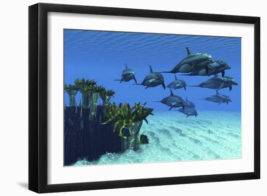 Two Pennant Fish Scamper Away from a Pod of Striped Dolphins-null-Framed Art Print