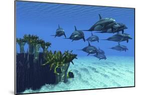 Two Pennant Fish Scamper Away from a Pod of Striped Dolphins-null-Mounted Premium Giclee Print