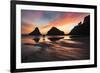 Two people silhouetted at sunset with Seastack and headland at sunset, from Devil's Elbow State Par-Adam Jones-Framed Photographic Print