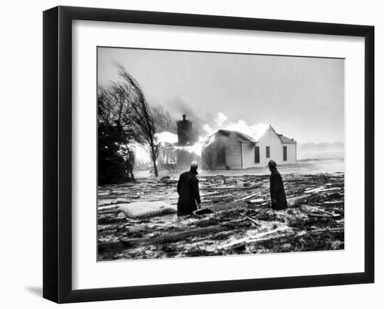 Two People Watching House Burn in Aftermath of Hurricane Hazel-Hank Walker-Framed Photographic Print