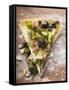 Two Pieces of Pizza with Mince, Olives, Spinach and Cheese-null-Framed Stretched Canvas