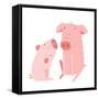 Two Pigs Parent and Child Cartoon. Two Domestic Animals Childish Hand Drawn Illustration. Vector Ca-Popmarleo-Framed Stretched Canvas