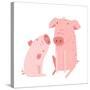 Two Pigs Parent and Child Cartoon. Two Domestic Animals Childish Hand Drawn Illustration. Vector Ca-Popmarleo-Stretched Canvas