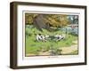 Two Puppies Enjoy a Tug of War with a Bather's Clothing-null-Framed Art Print