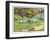 Two Puppies Enjoy a Tug of War with a Bather's Clothing-null-Framed Art Print