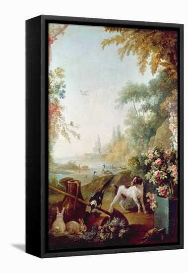 Two Rabbits, a Magpie and a Dog, from the Salon of Gilles Demarteau (1722-76) (Oil on Canvas)-Jean-Baptiste Huet-Framed Stretched Canvas